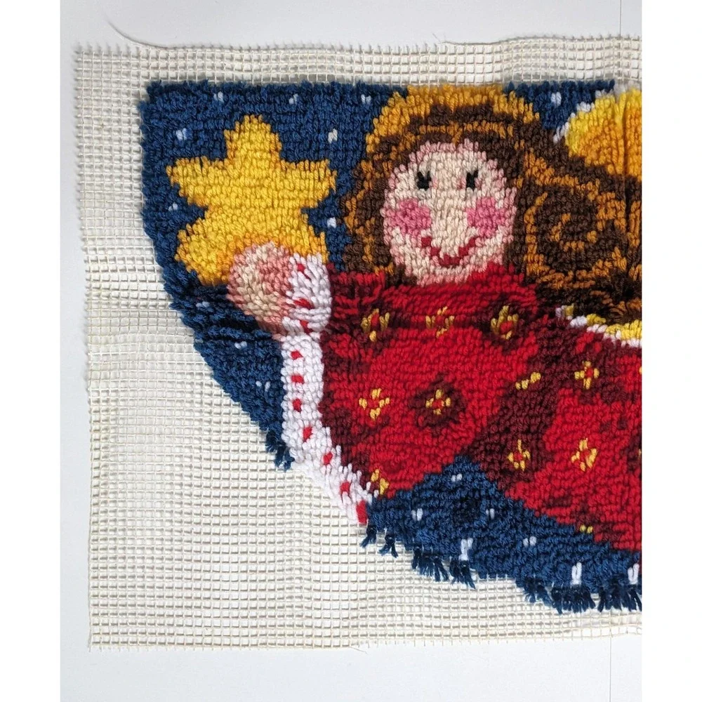 Vintage Finished Latch Hook‎ Rug Angel Star Christmas Wall Hanging Holiday Decor